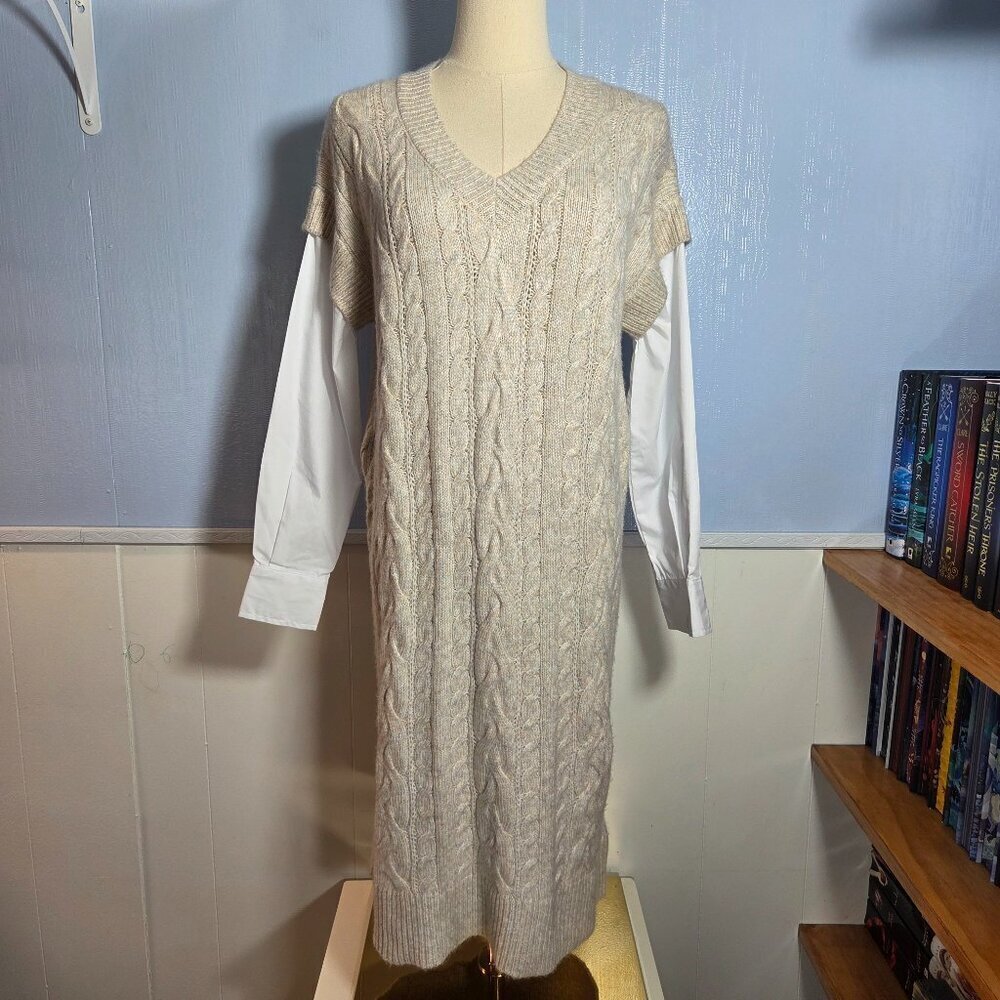 Cupcakes & Cashmere Small Light Beige Cable Knit Longsleeve Blouse Sweater Dress